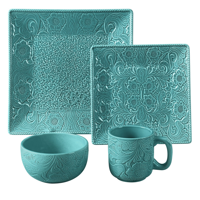 Turquoise Floral Ceramic Square Dinnerware Set, Service for 4