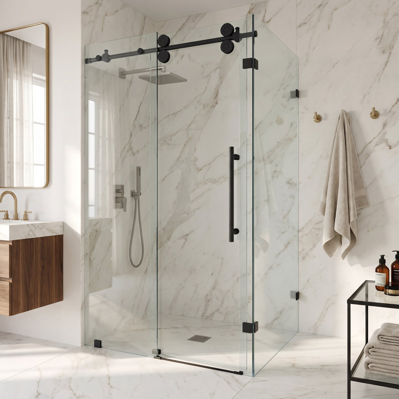 Winslow 46" W x 35" D x 74" H Sliding Frameless Shower Enclosure with 3/8  Clear Glass, Matte Black