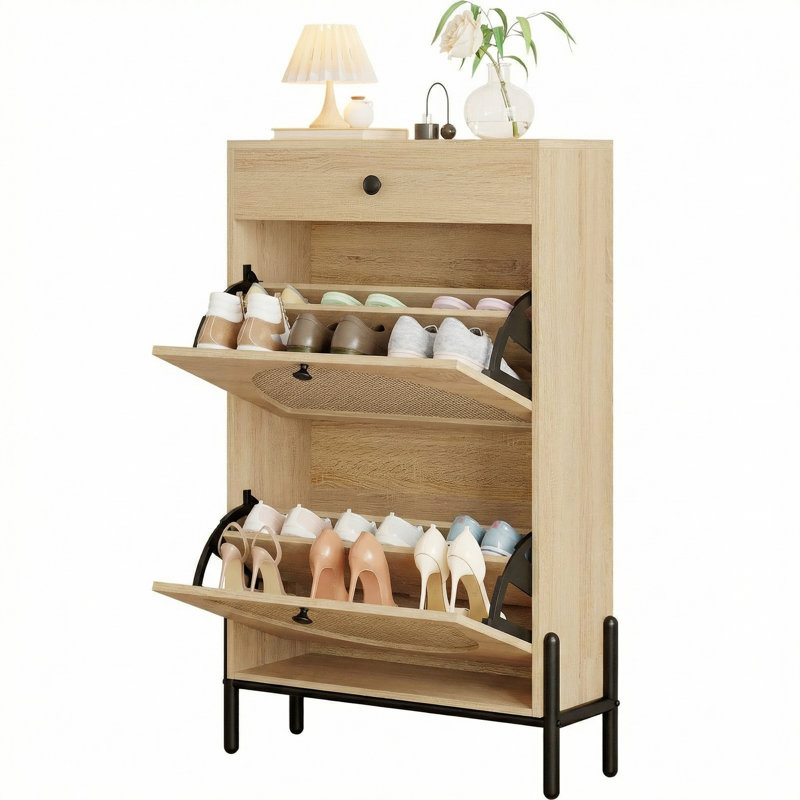 Rattan Shoe Storage Cabinet with 2 Flip Doors and 1 Drawer, 3-Tier Adjustable Shelves for Entryway, Oak
