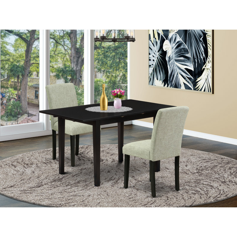 3 Piece Dining Room Furniture Set Contains a Rectangle Butterfly Leaf Kitchen Table and 2 Shitake Linen Fabric Upholstered Chairs, Black