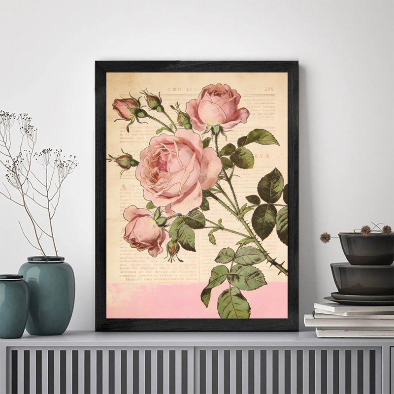 Reproduction d'art encadrée noire, rose, rose ou chou, H 17 po x l 13 po