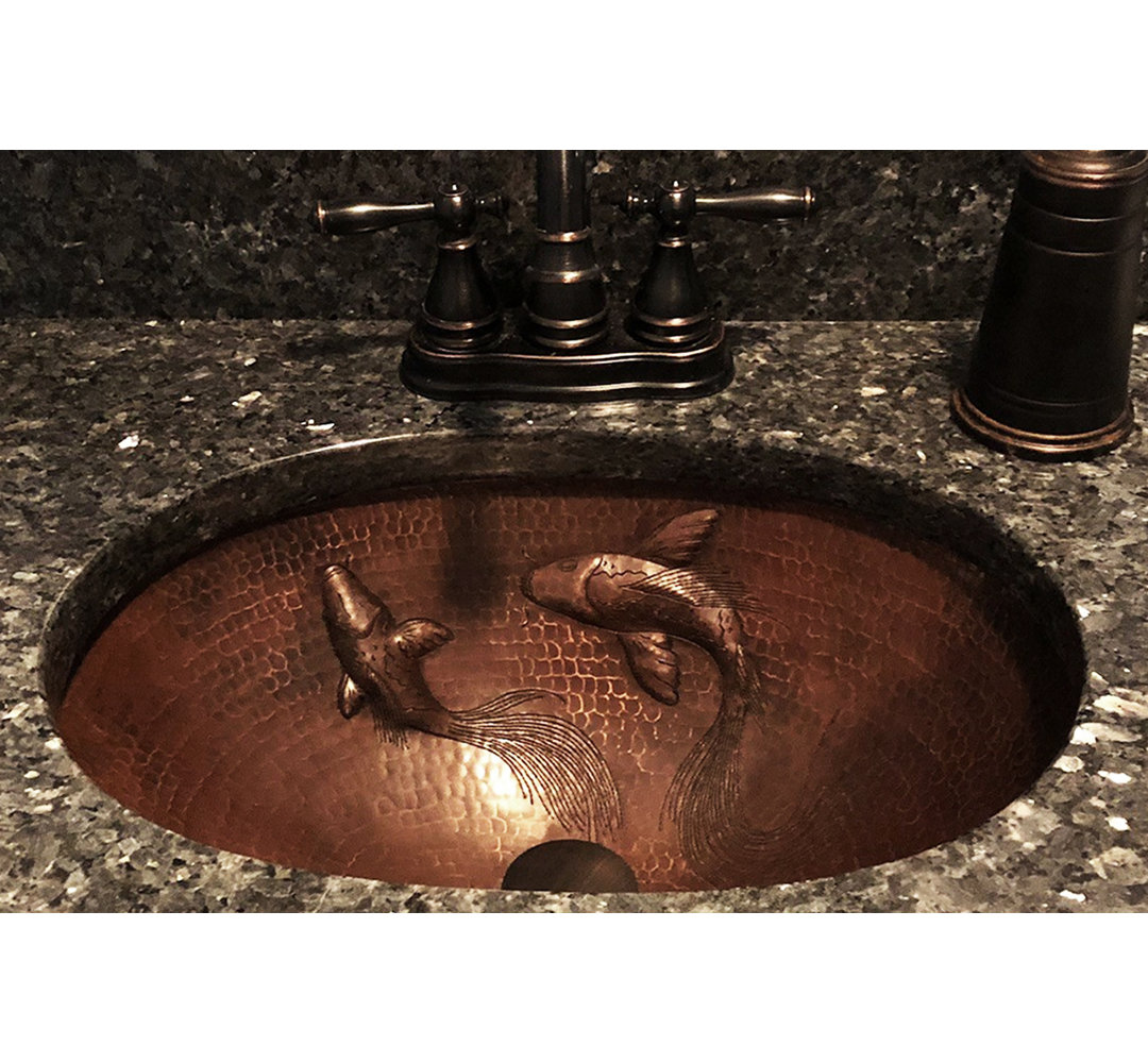 19" Oval Under Counter Hammered Copper Bathroom Sink with Koi Fish Design Premier Copper Products