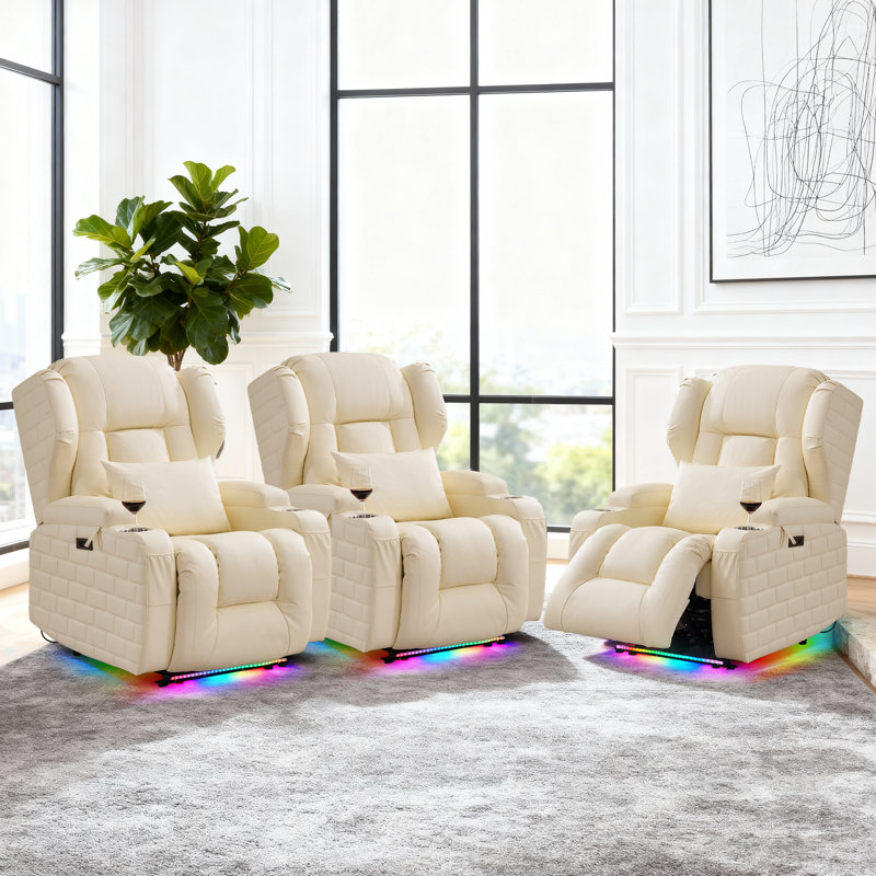 zero clearence recliner  Power Recliner Chair With Heat And Massage Set Of 3, Overstuffed Reclining Sofa Chair For Living Room Home Theater Rv With 3-Side Led Lights/Cup Holders/Usb & Type C Port