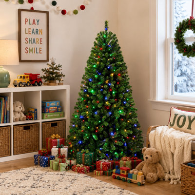 Sapin de Noël artificiel vert pré-illuminé avec lumières DEL bicolores commutables (blanc chaud et multicolore), matériau PE+PVC de qualité supérieure, branches réalistes, support robuste, montage facile, décoration de Noël pour de multiples occasions.