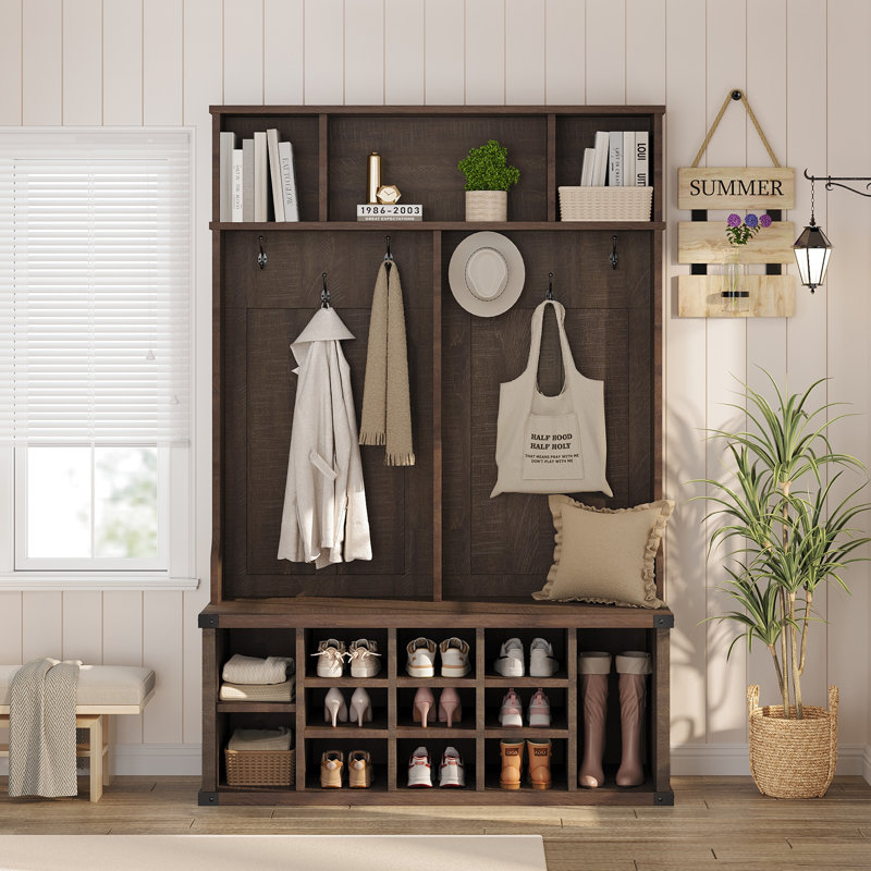 Meuble d'entrée 5 en 1 de style ferme avec banc, patères, casiers à chaussures et tablette supérieure, organisateur extra-large en bois d'ingénierie pour vestibule et couloir