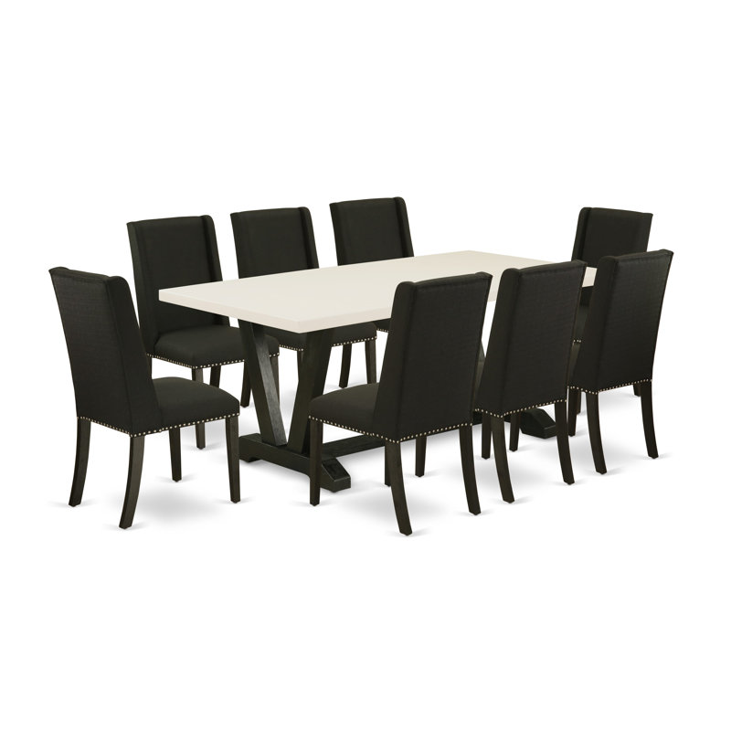9 Piece Dining Set Includes a Rectangle Dining Room Table with V-Legs and 8 Black Linen Fabric Upholstered Parson Chairs, 40x72 Inch, Multi-Color