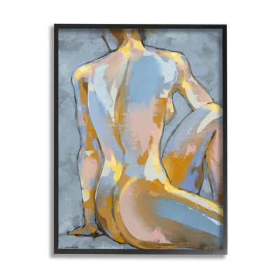 Modern Blue Brushed Sitting Nude Black Framed Giclee Art by Trevor Copenhaver