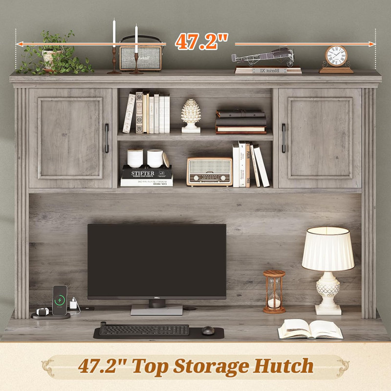 Bureau d'ordinateur de ferme avec huche et 3 tiroirs, bureau de direction de 47,2 po avec tiroirs de rangement, bureau en bois avec prise de courant pour bureau à domicile