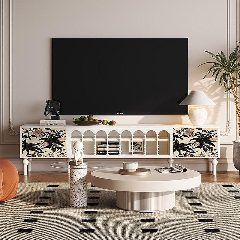Meuble télé avec rangement peint français rétro, H 21,26 po x L 78,74 po x l 15,75 po, Blanc