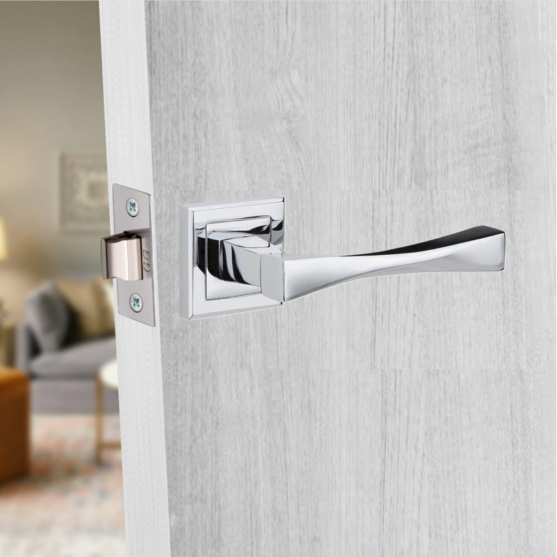1 Pair Straight Astrid Premium Design Door Handles on Square Rose in Polished Chrome Finish, Polished Chrome