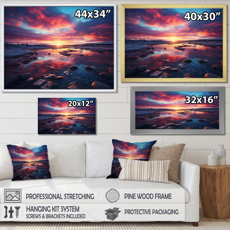 Coucher de soleil sur la symphonie céleste I, H 16 po x l 32 po x P 1 po, Encadrement doré