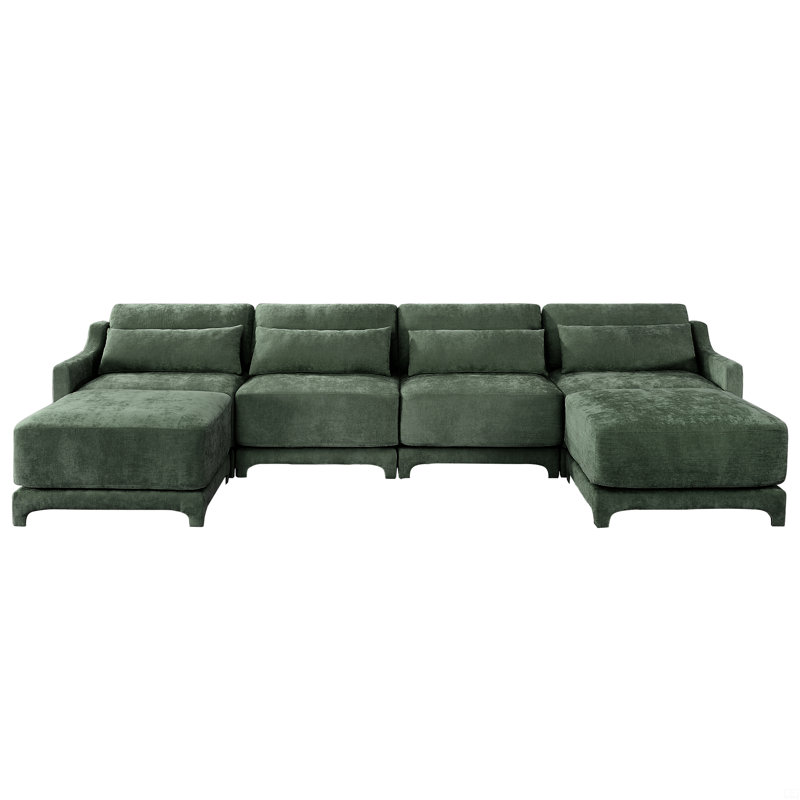 Canapé à quatre places, 1 repose-pieds mobile, coussin lombaire, tissu chenille, structure en bois massif, Chenille verte