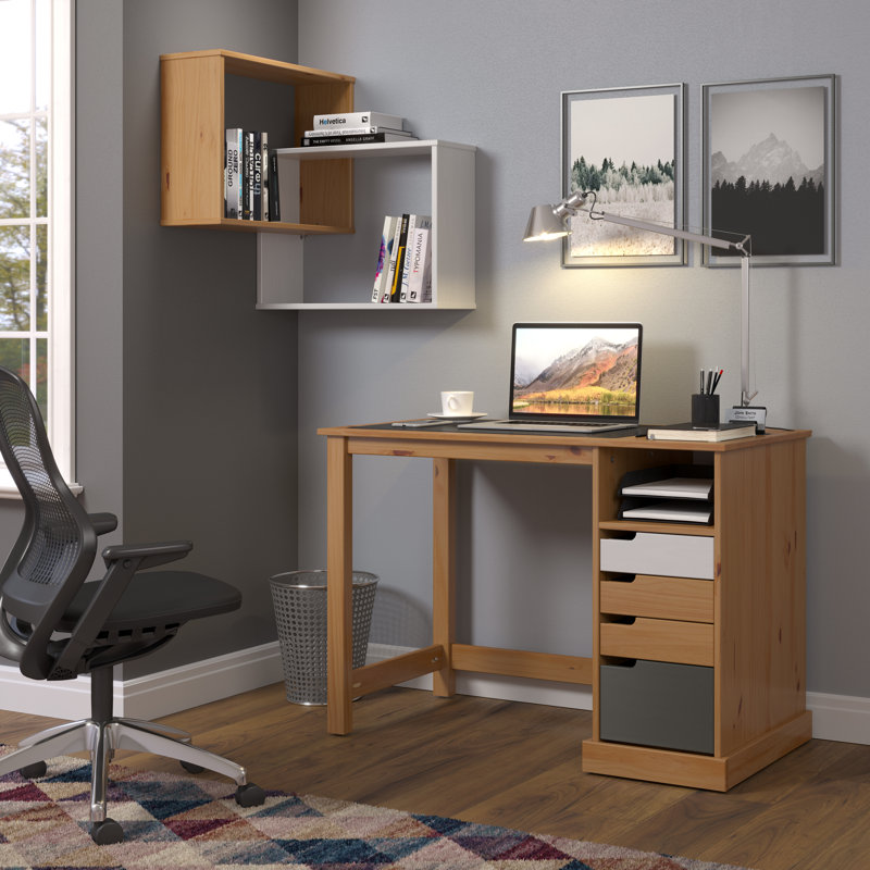 Thaddeus Solid Wood Writing Desk, Honey/White/Gray