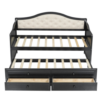 Twin Daybed with Trundle, Twin Size Daybed with 2 Storage Drawers, Wooden Sofa Bed with Upholstered Button Tufted Backrest for Living Room, Bedroom, Guest Room,Black