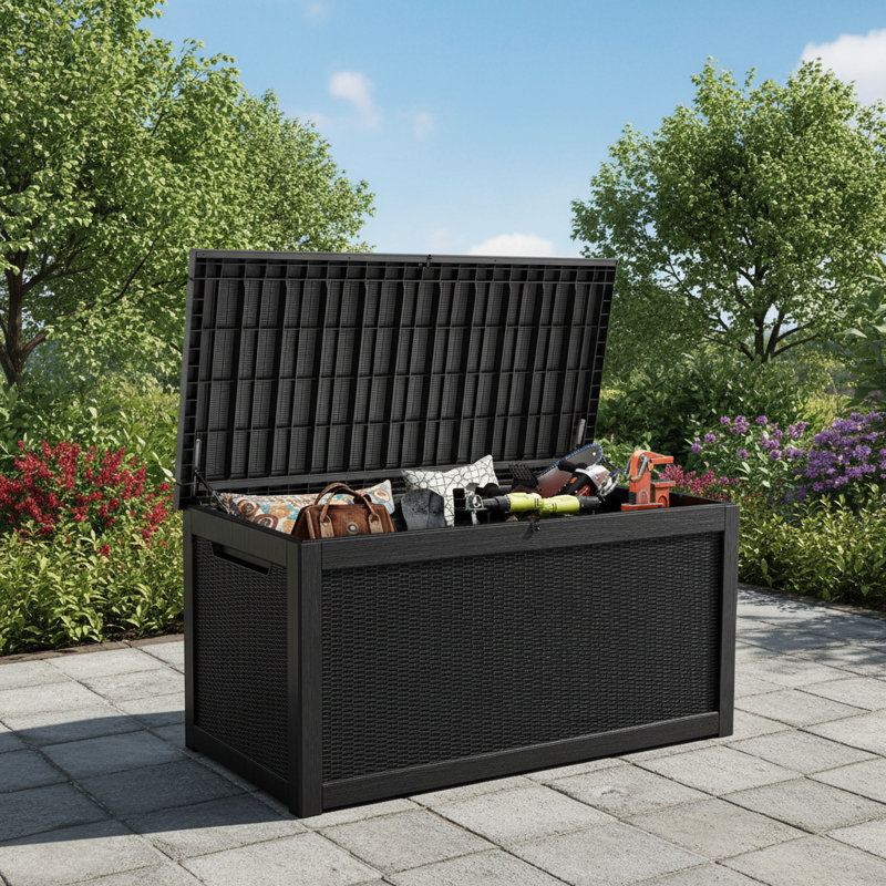 Black Waterproof Outdoor Deck Box, Large Resin Storage Container With Lockable Lid, Weather Resistant For Patio, Garden And Yard