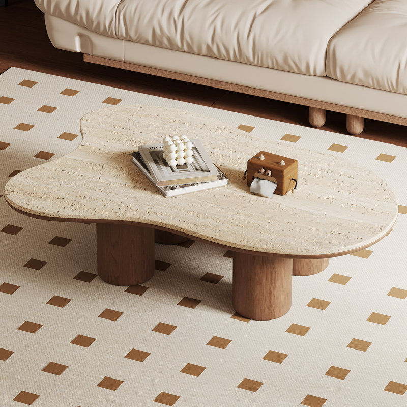 48“ Modern Wood Coffee Table, Beige Sintered Stone Top, Solid Wood Legs