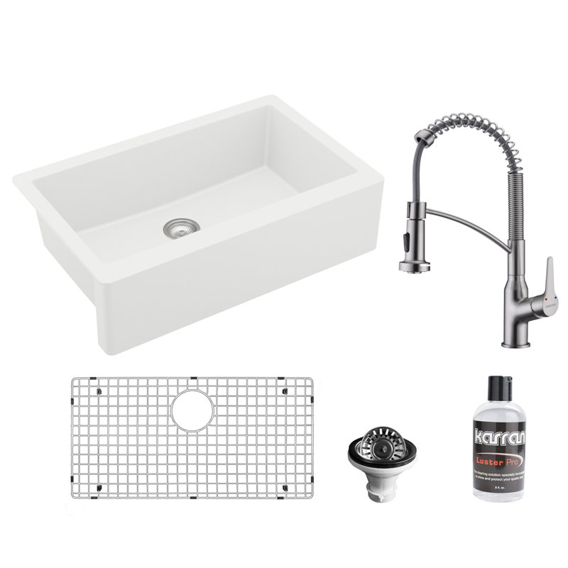 Évier de cuisine à tablier de ferme à tablier simple avec robinet KKF210 34 po x 21 1/4 po Karran Quartz, Blanc