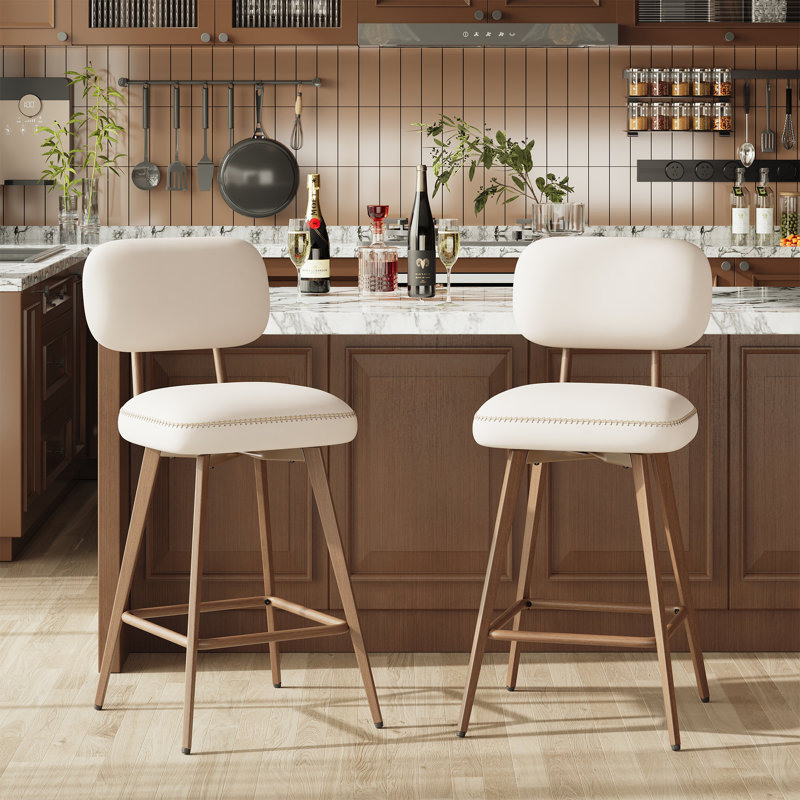 Modern Swivel Upholstered Counter Stools with Metal Frame, Beige