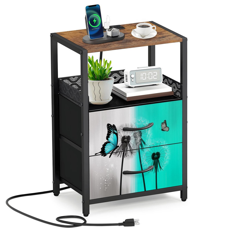 Table de chevet 2 tiroirs en tissu avec station de charge Teal Dandelion