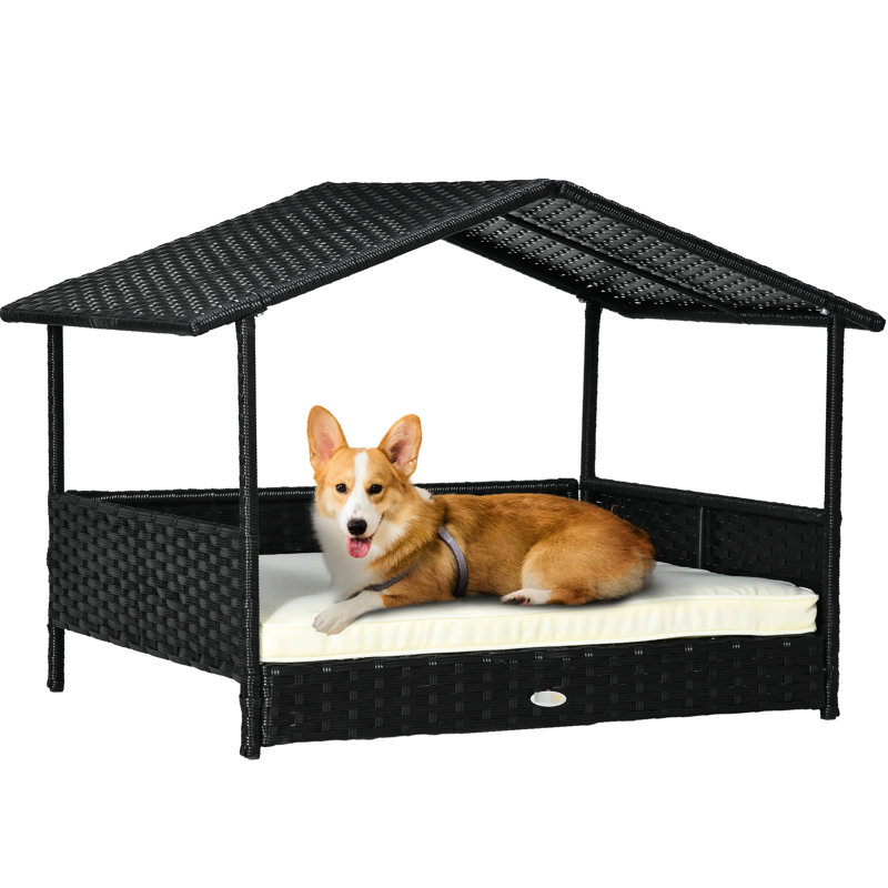 Cream White Dog House With Canopy - Comfortable Water- Cushion For Medium Dogs Bed Small To Sized Pe , Waterproof Pad, Elevated Floor Platform Construction Design Structure