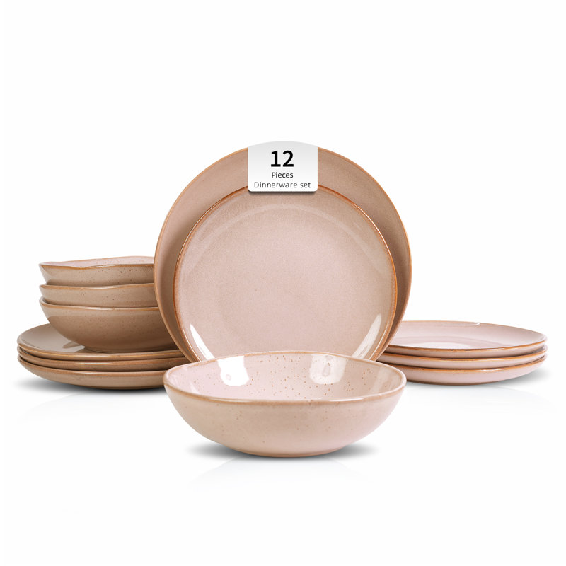 Service de table 12 pièces en grès HomeVSS Highland Organic Shape, pour 4 personnes, Tourbillon rose