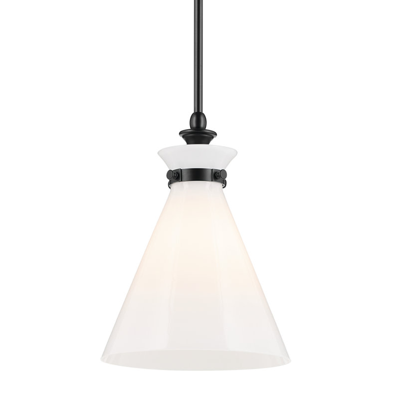 1 Light Updated Traditional Pendant with Glass, Satin Black, 14.5" H x 10.5" W, Antique Cased Opal