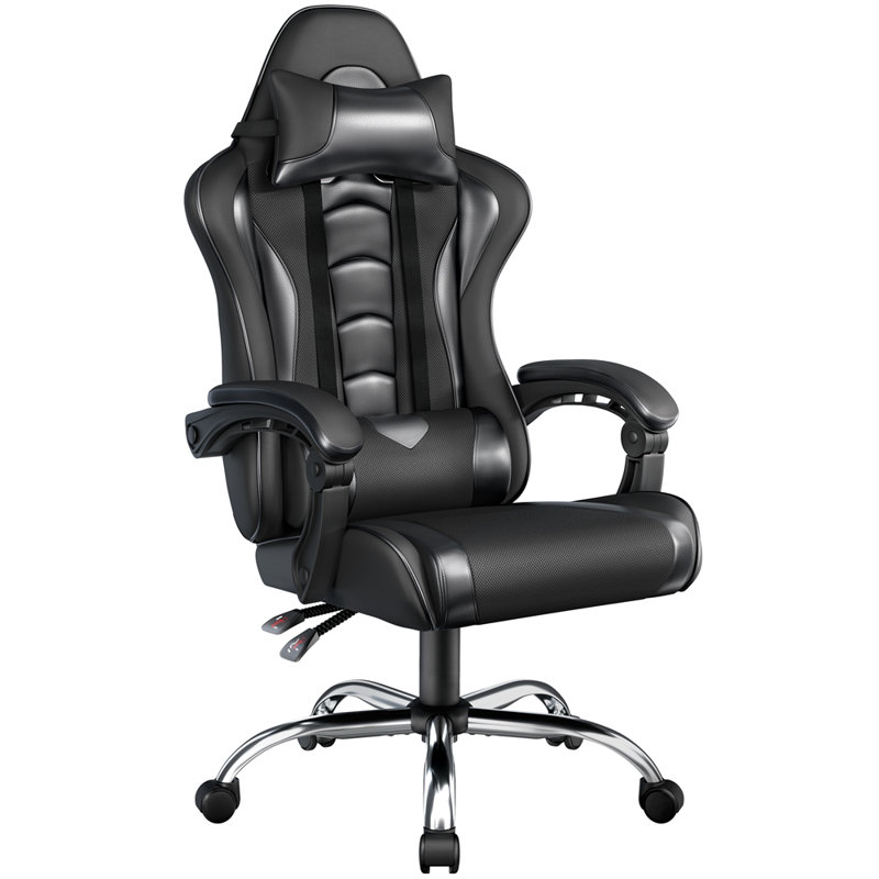 Fauteuil de jeu à haut dossier avec coussin lombaire à massage, Tout noir