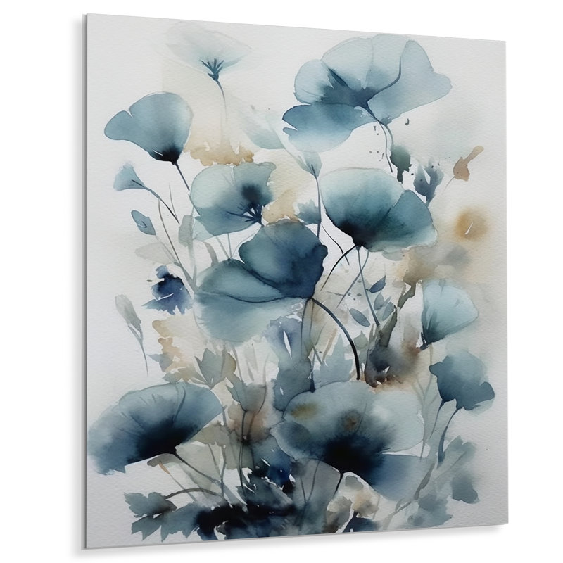 Feuilles bleues et fleurs I sur impression métallique, H 20 po x l 12 po