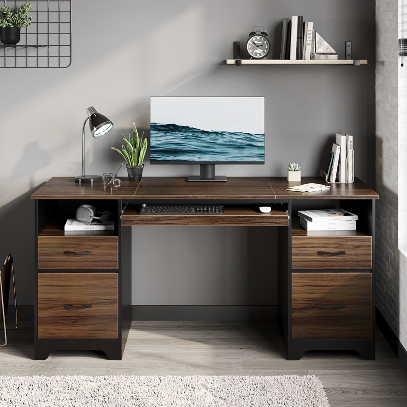 150cm Executive Desk With 2 File&Storage Drawers, Computer Writing Desk With Keyboard Tray For Home Office, Cherry