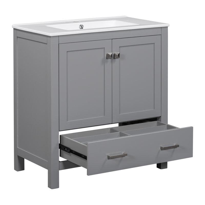 Meuble-lavabo simple Nebo avec plateau en céramique, Gris, Argent argent, 30"
