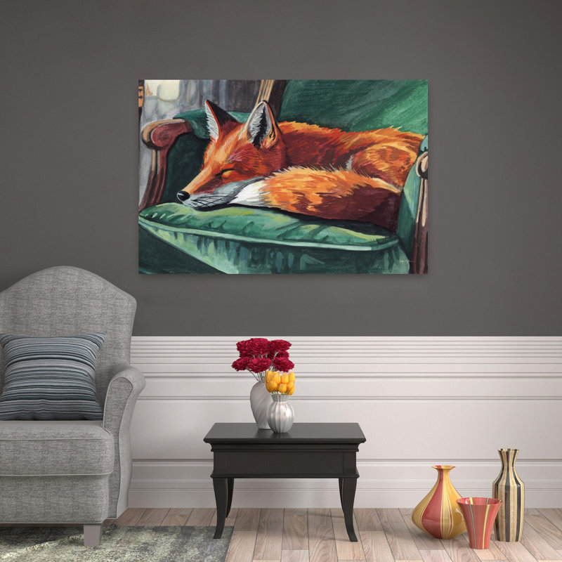Rêves d'un renard élégant - Affiche murale contemporaine représentant un renard dans la forêt, H 32 po x l 48 po