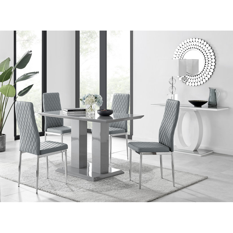Eubanks Double Pedestal High Gloss Dining Table Set with 4 Luxury Faux Leather Dining Chairs, Grey, Grey/Silver