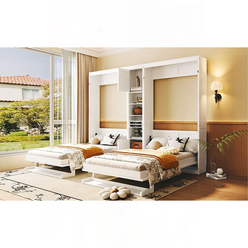 Lits simples escamotables doubles avec armoires et tablettes, blanc, Blanc