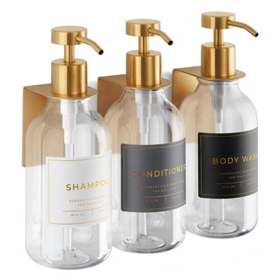 Distributeur de shampoing mural pour douche – 3 flacons ambrés rechargeables de 500 ml avec pompes en acier inoxydable et supports adhésifs sans perçage – Ensemble distributeur de savon pour salle de bain (3 x ambre/or)