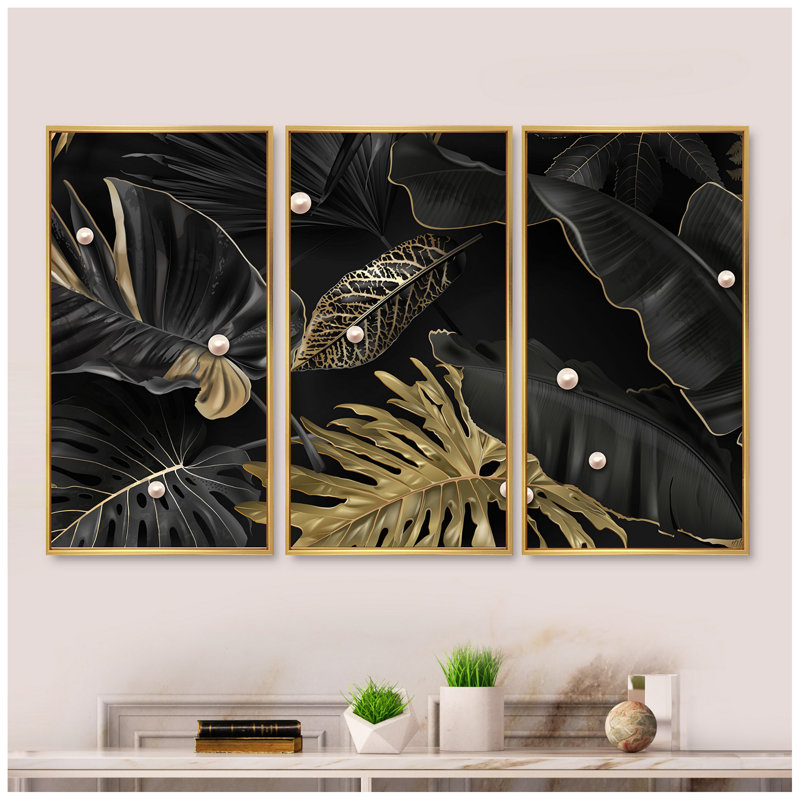 «Black and Gold Tropical Leaves III», 3 pièces, cadre flottant, impression sur toile, H 32 po x l 48 po, Cadre doré