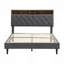 Base de lit tapissier grand format avec tête de lit moderne en tissu capitonné, ports USB, station de charge pratique, deux poches latérales, ne nécessite pas de sommier, gris foncé-122511093-122511095