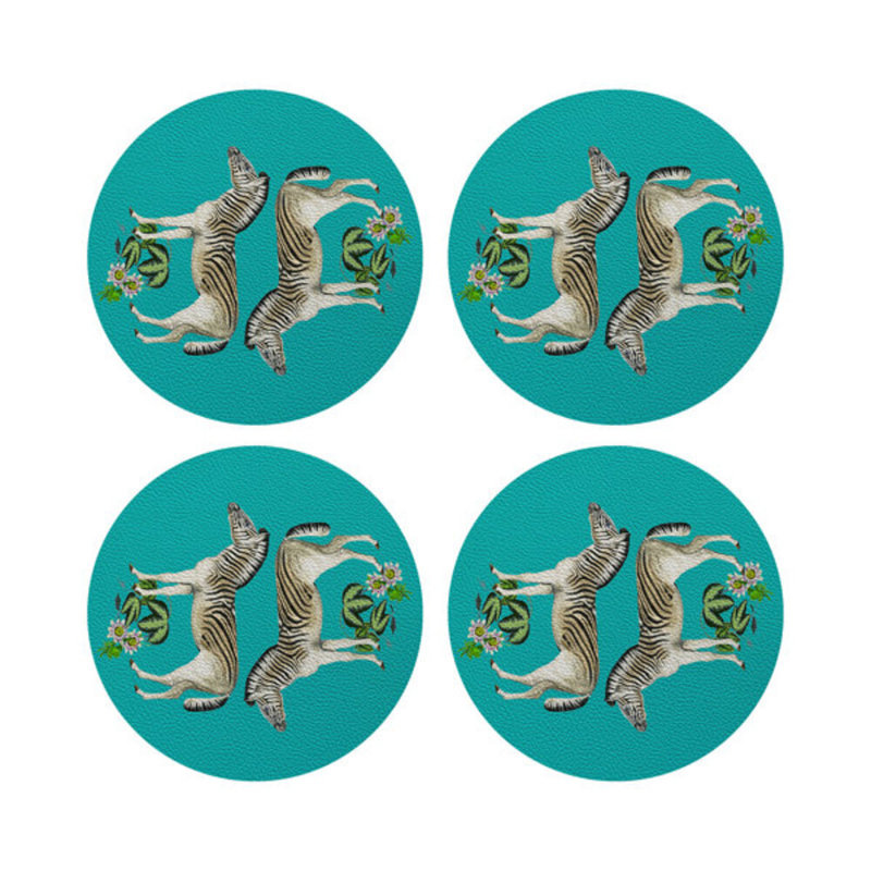 Zebra Seeing Double Vegan Leather Round Coasters, Teal