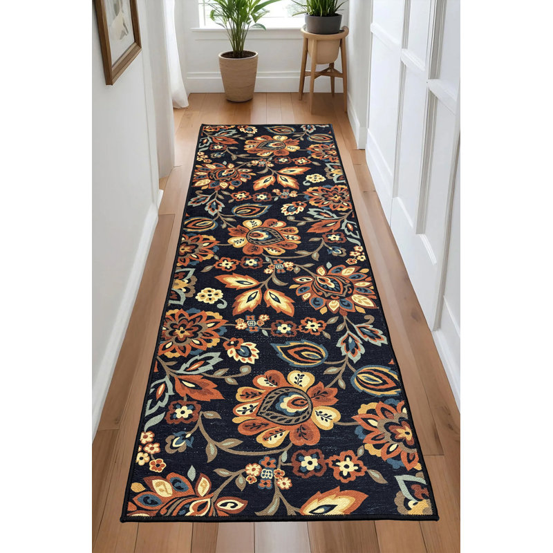 Custom Size Oriental Floral Black Runner Rug, Runner 2'2" x 20'