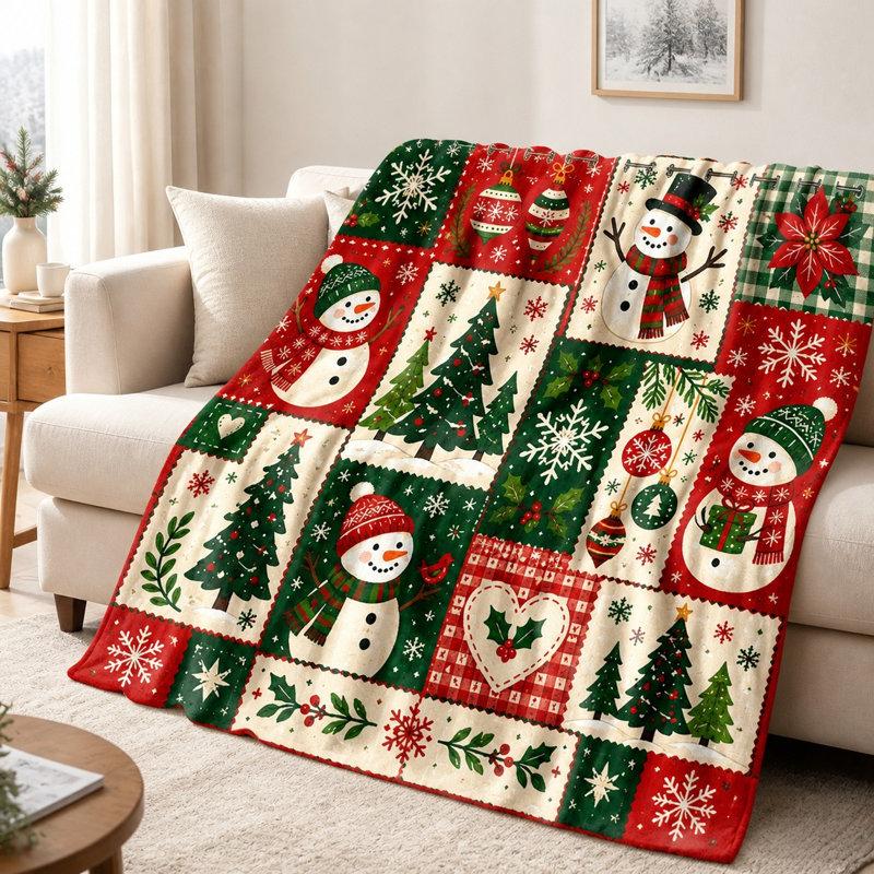 Christmas Snowman Tree Blanket, Festive Holiday Winter Quilt for Sofa, Couch, Bedroom, Living Room Home Decoration