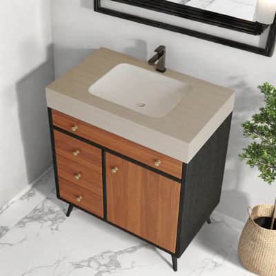Meuble-lavabo et lavabo modernes avec plateau en faux marbre, rangement spacieux