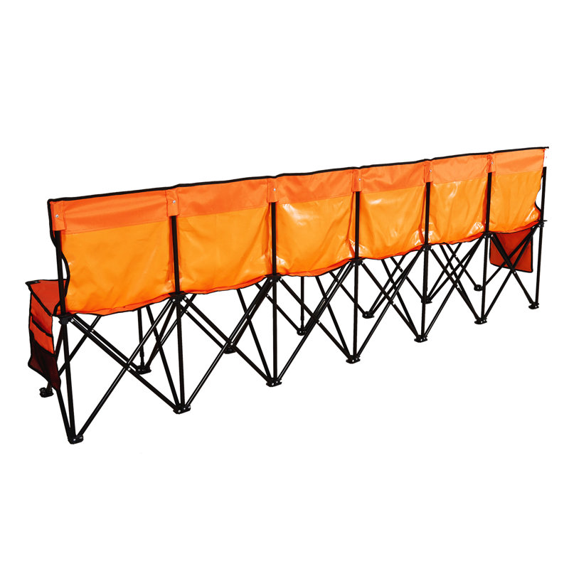 Portable Folding Bench, 6 Seat Foldable Soccer Bench with Side Pockets and Carrying Bag, Lightweight Sideline Seating with Back Rest for Football, Baseball, Camping, Outdoor Events, Orange