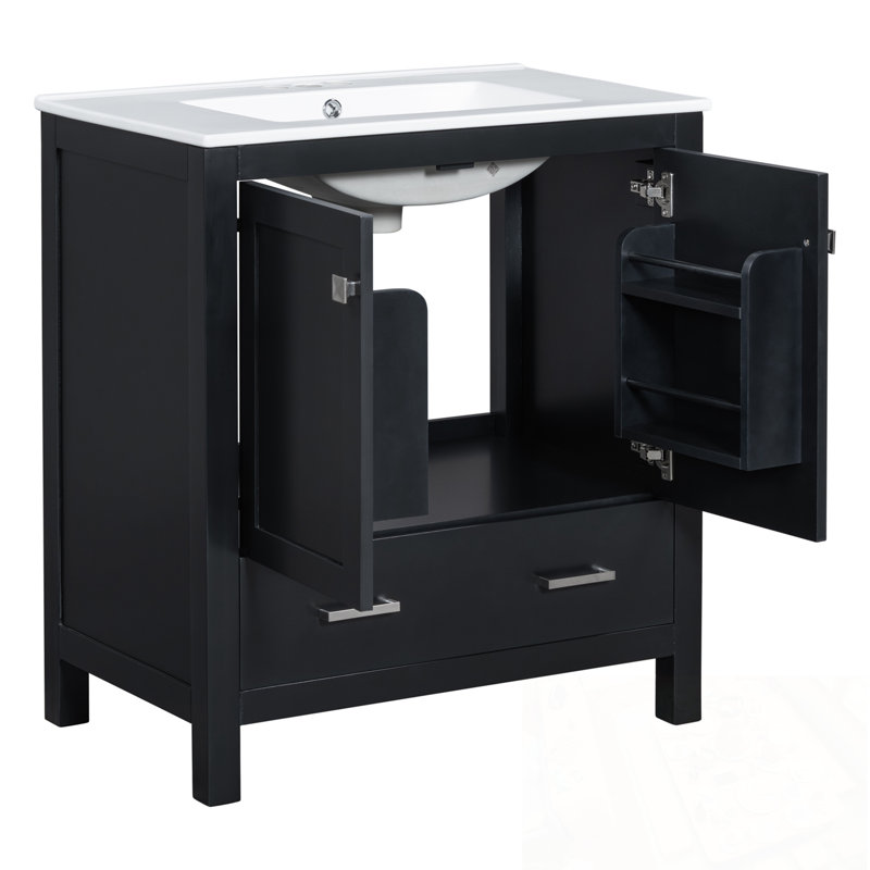 Bathroom Vanity with Single Sink, 2 Doors and a Drawer, Black