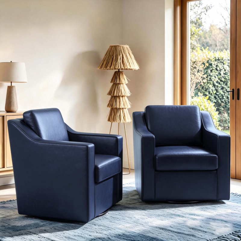 Bronnen Big And Wide Upholstered Navy Faux Leather Cushion Swivel Armchair with Removable Back and Seat Cushion (Set of 2)