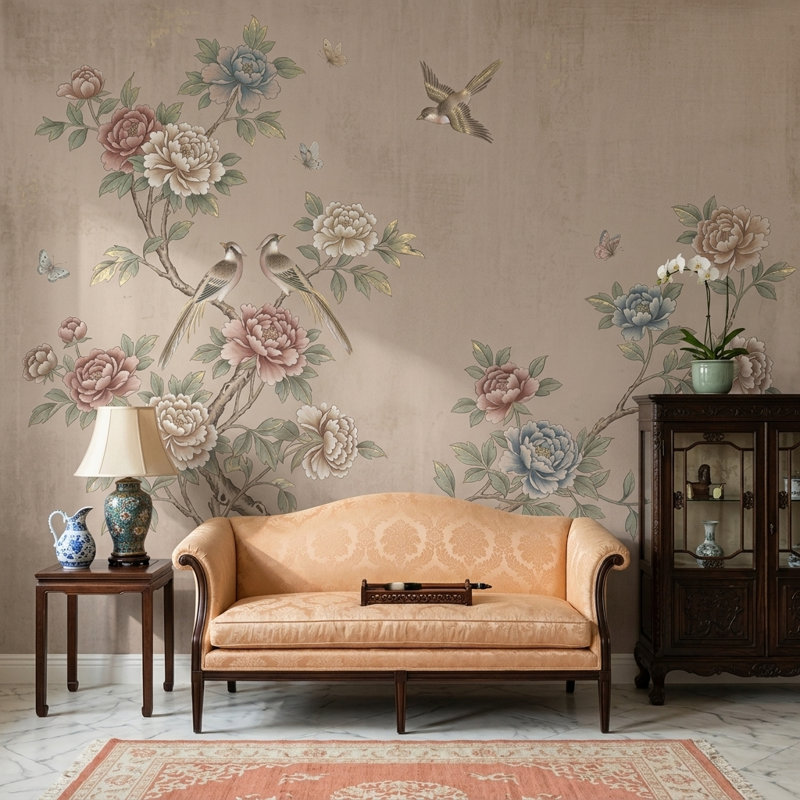 Papier peint chinois, pivoines, oiseaux, 100 po x 96 po, Peler et coller
