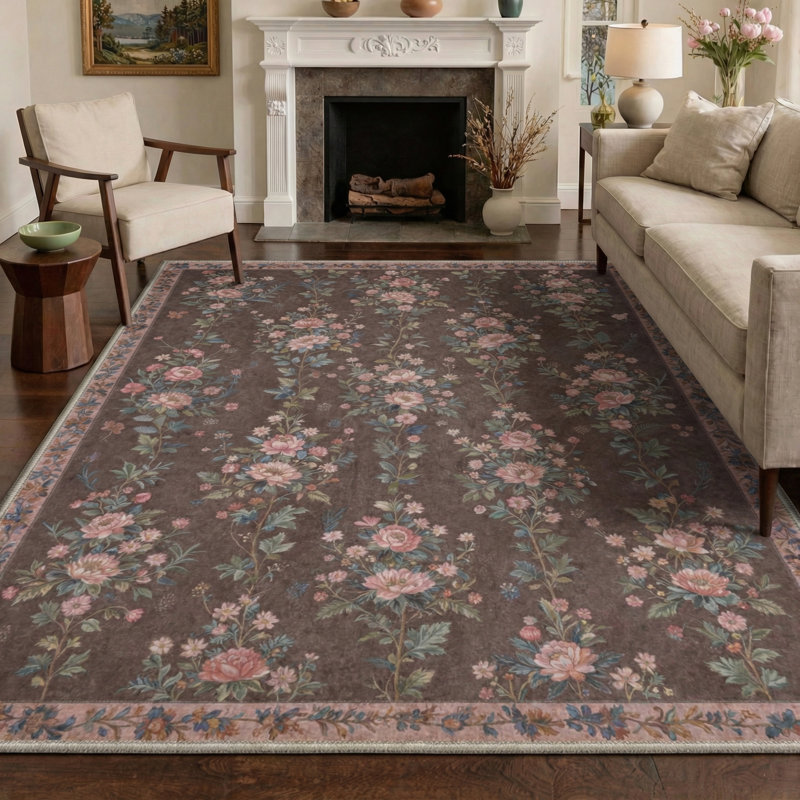 Tapis d'intérieur rose / vert / brun lavable à la machine Bellingham Verdure avec envers antidérapant, Rectangle 8' x 10'