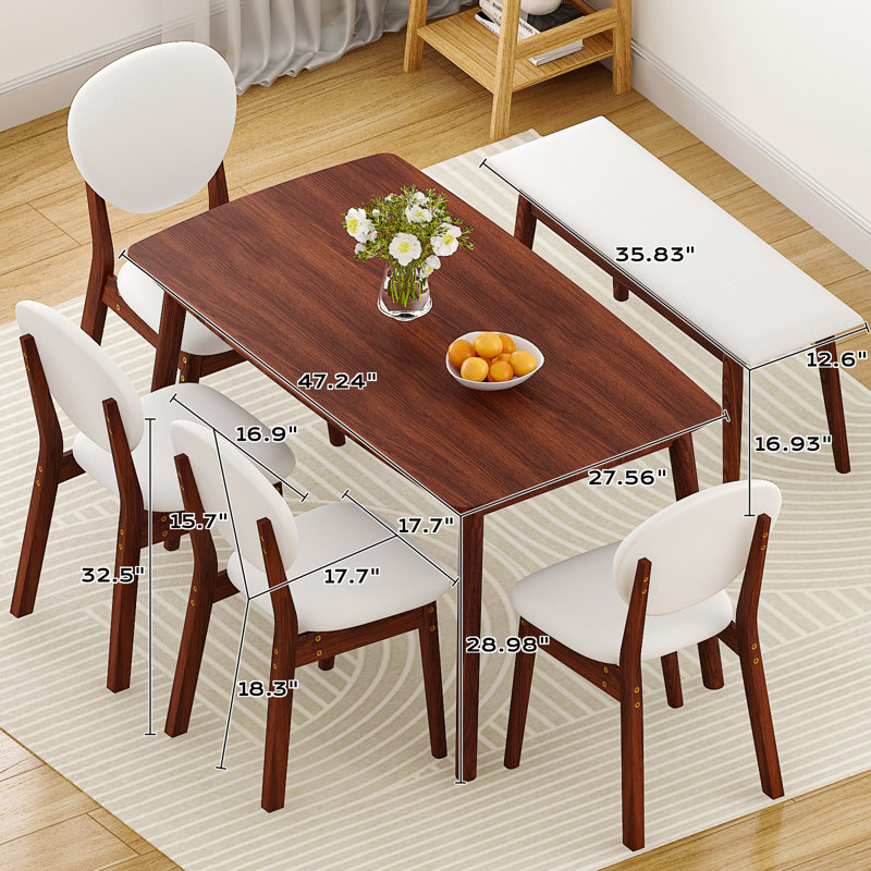 Ensemble de table à manger 47 po pour 6 personnes, table de cuisine en bois massif avec banc et 4 chaises avec dossier rembourré