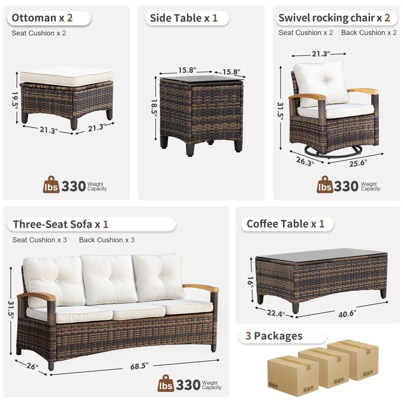7 Pieces Patio Furniture Sets,Outdoor Rattan Furniture Conversation Sets With 2 Wood Armrests Swivel Rocker Chairs, 2 Ottoman, 2-Seat Sofa And Coffee Table