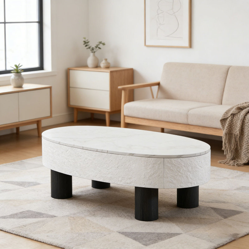Table basse ovale avec plateau en faux marbre