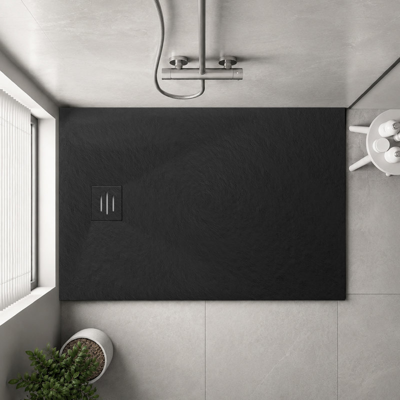 1600 x 900 mm White Shower Tray with Waste Drain,Anti-Slip,Walk-in Tray, 1800mm, Black