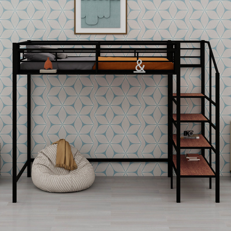 Metal Loft Bed With Side Grid Storage Shelf And Lateral Storage Ladder, Black